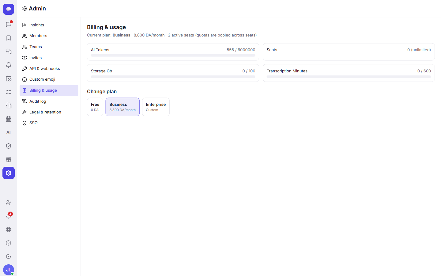 Billing & usage shows your plan and what your team is using.