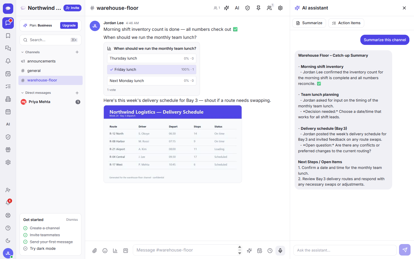 Summarize a channel for an instant catch-up, with the decisions and open questions pulled out.