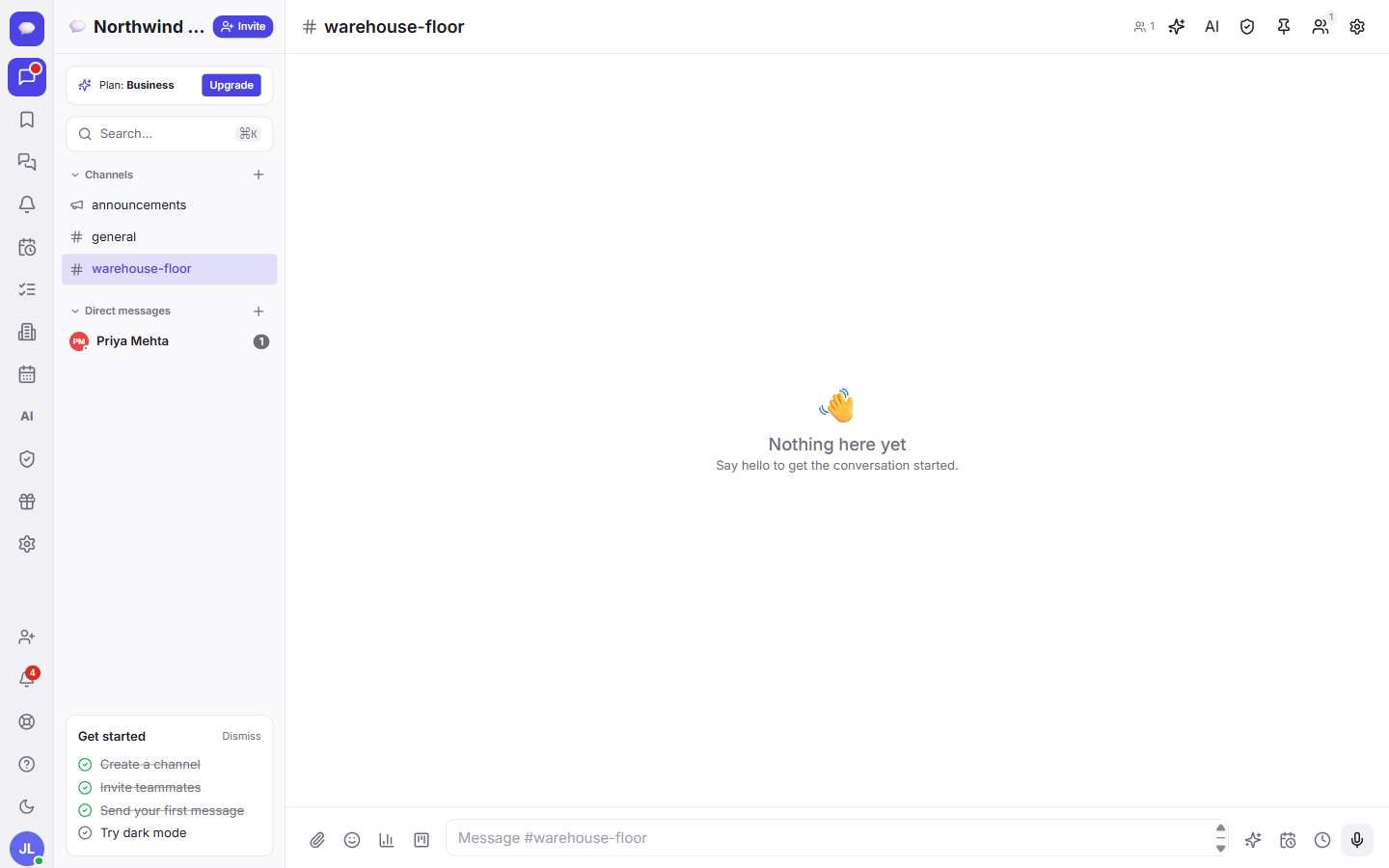 Your new channel appears in the left sidebar, ready for the team to join.
