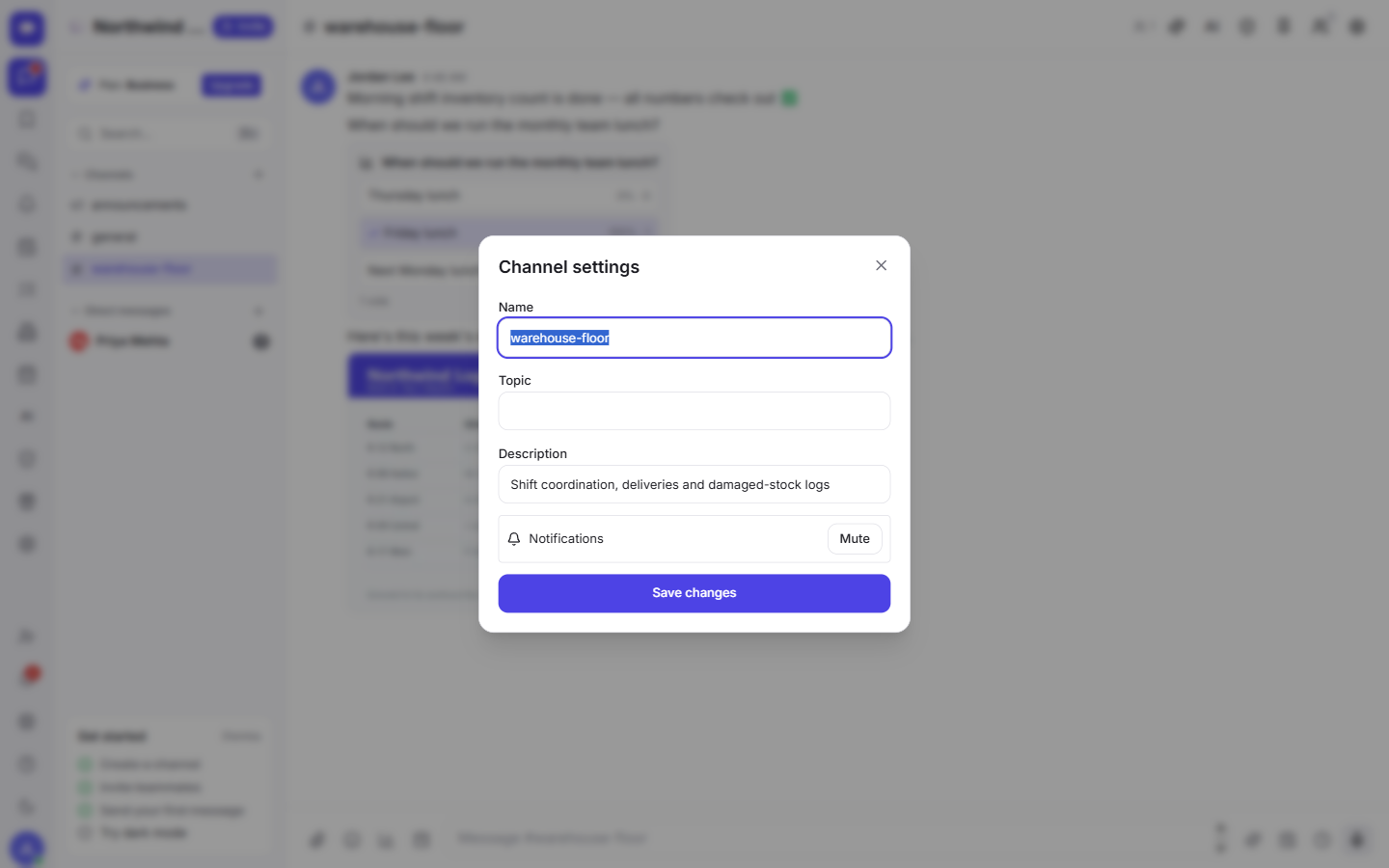 Channel settings — rename it, edit the description, or change who can post.