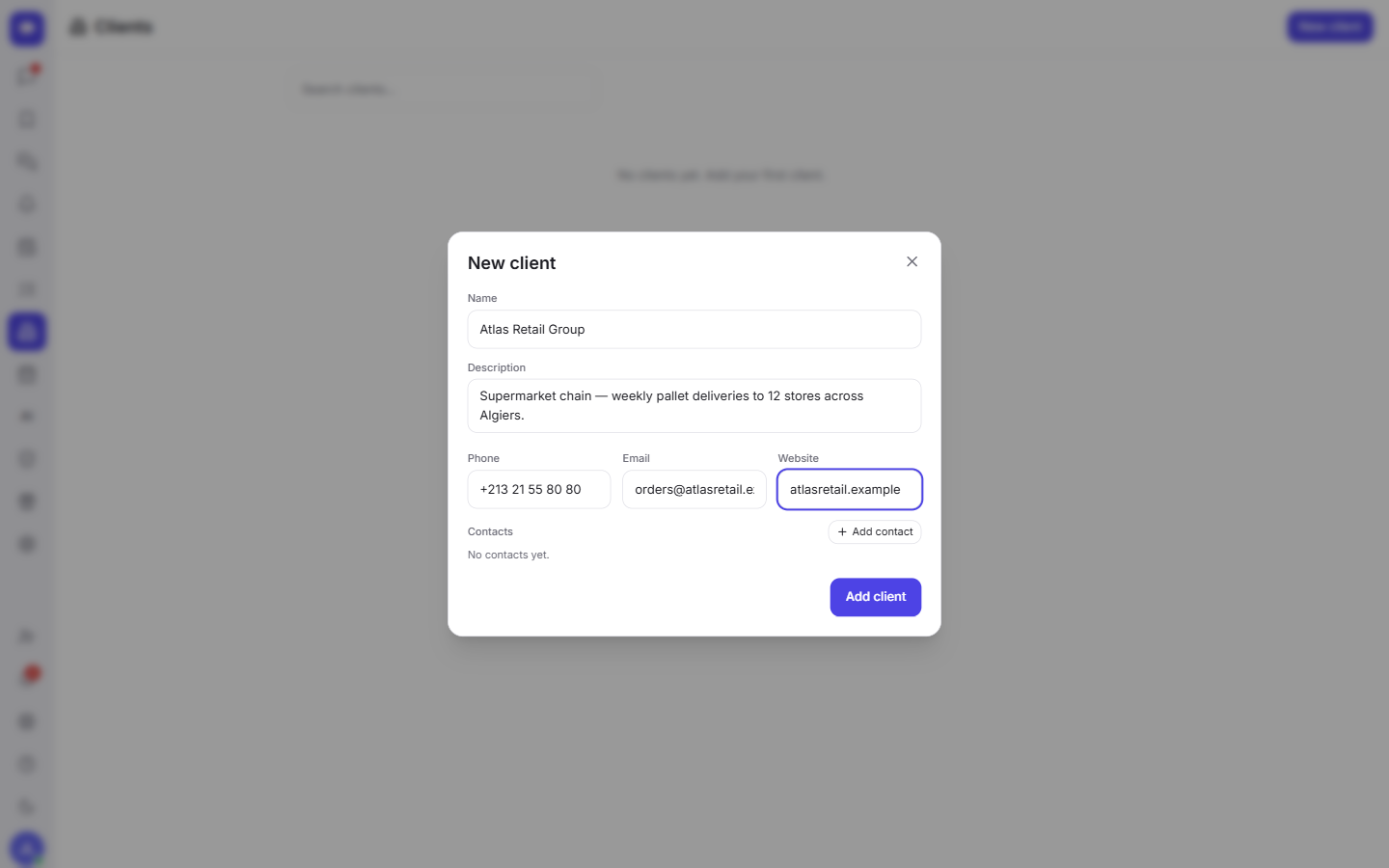 Add a client: name, description, phone, email, website and contacts.