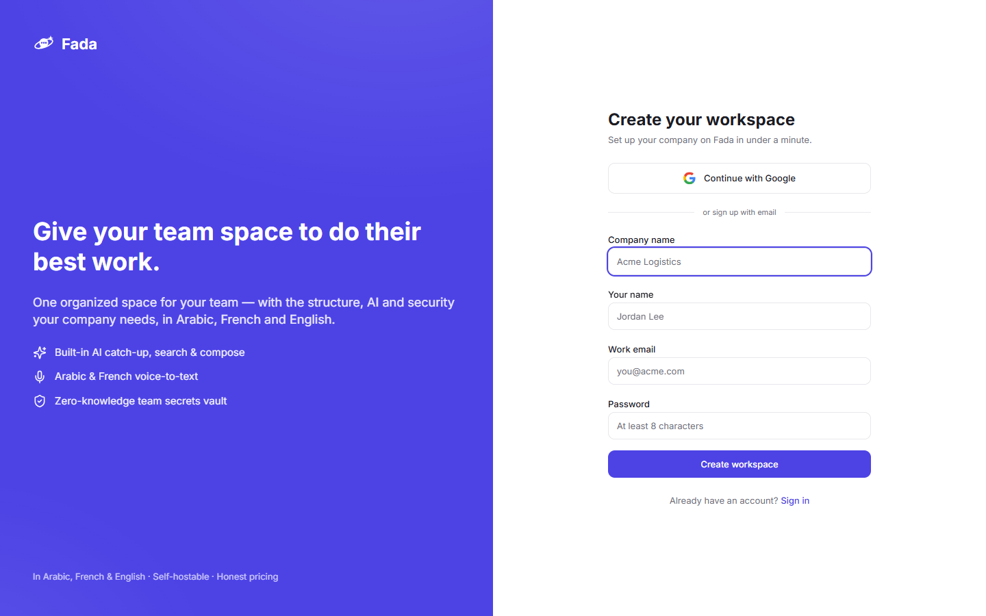 The sign-up form: your company name, your name, a work email and a password (or continue with Google).