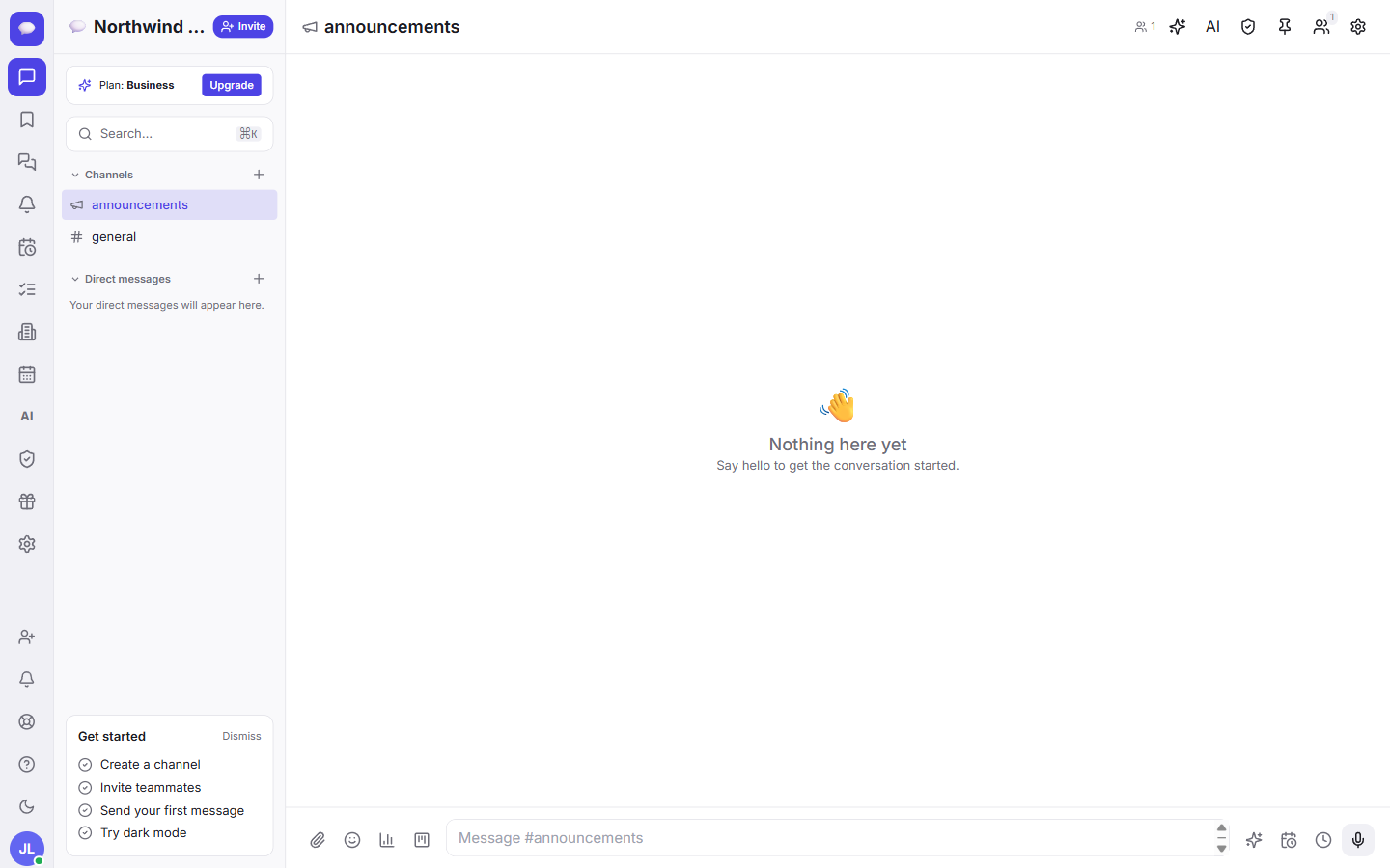 Your brand-new workspace, with a Get started checklist and two starter channels — announcements and general.