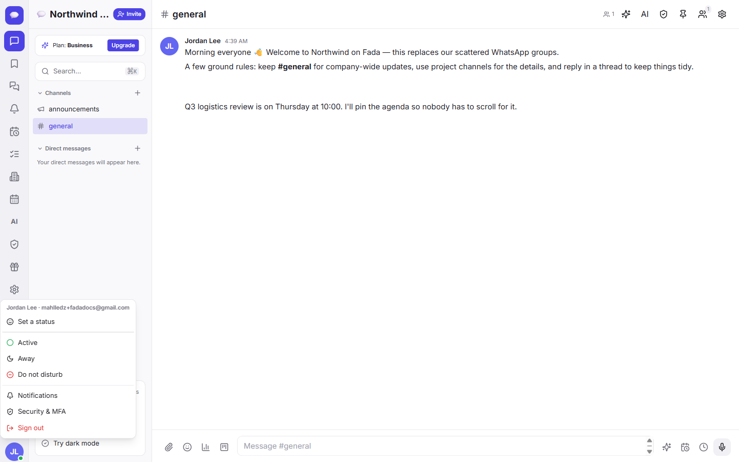 Your profile menu (bottom-left): set a status, manage notifications and security, or sign out.