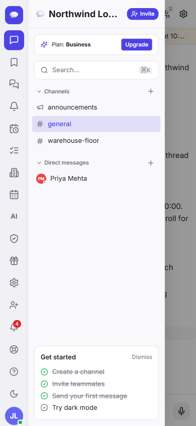 Tap the menu to reach channels, direct messages and every feature on mobile.