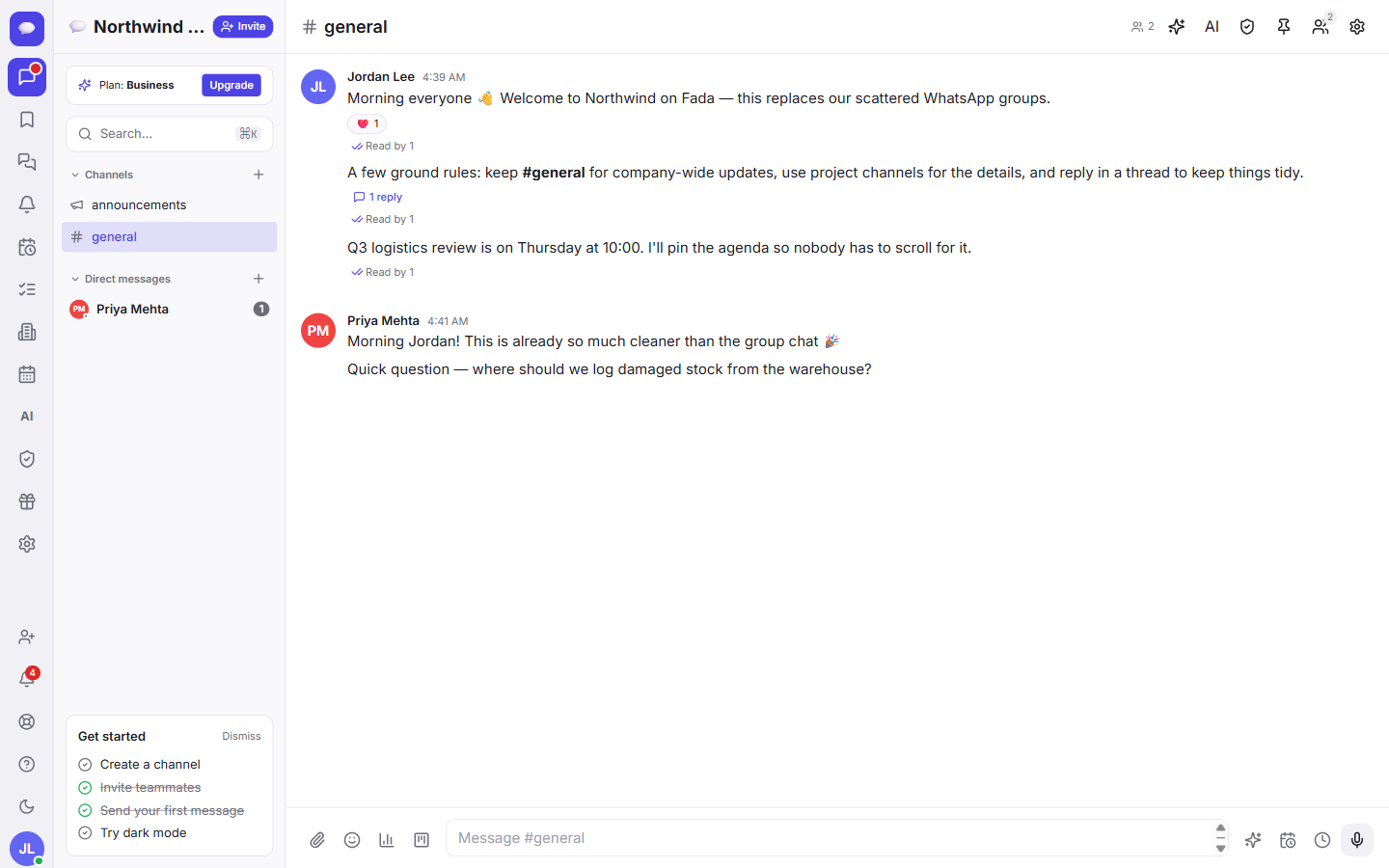 Voice notes live in the conversation like any other message — and become searchable text.