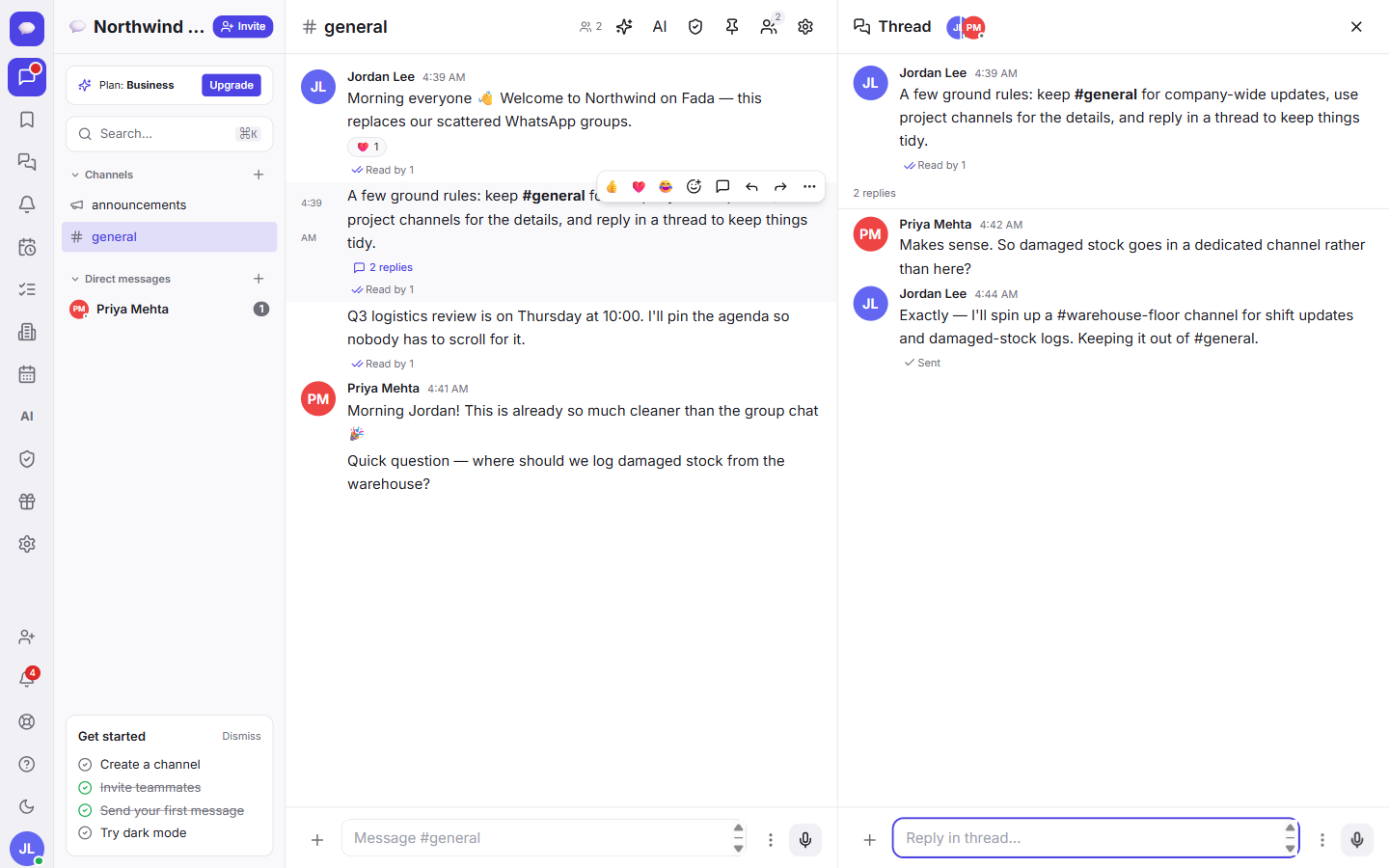 A thread keeps a side-conversation attached to its message, so the main channel stays readable.