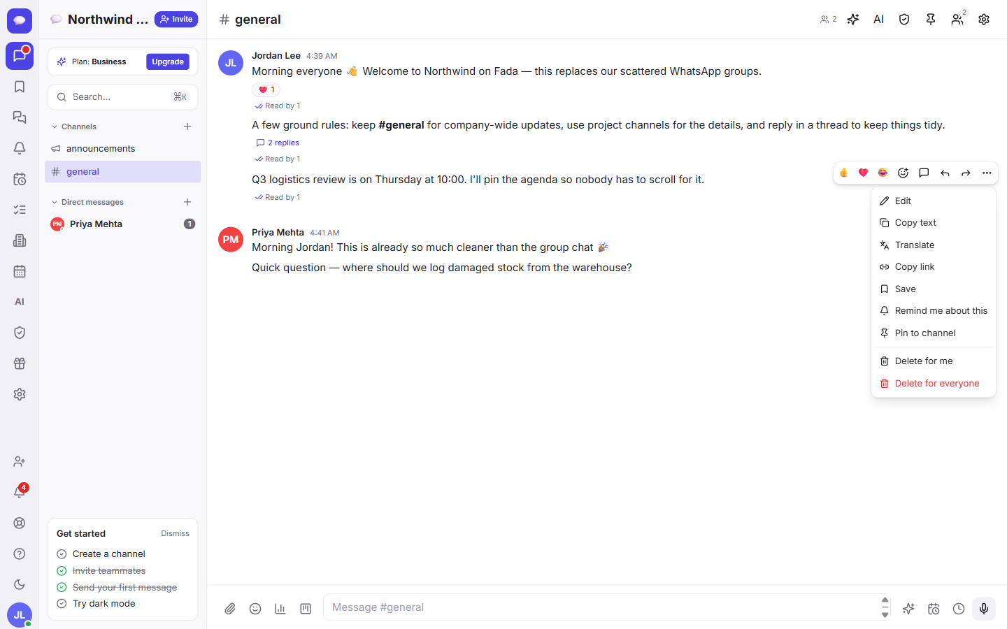 Hover any message for quick actions: react, reply in a thread, save, translate, set a reminder or pin.