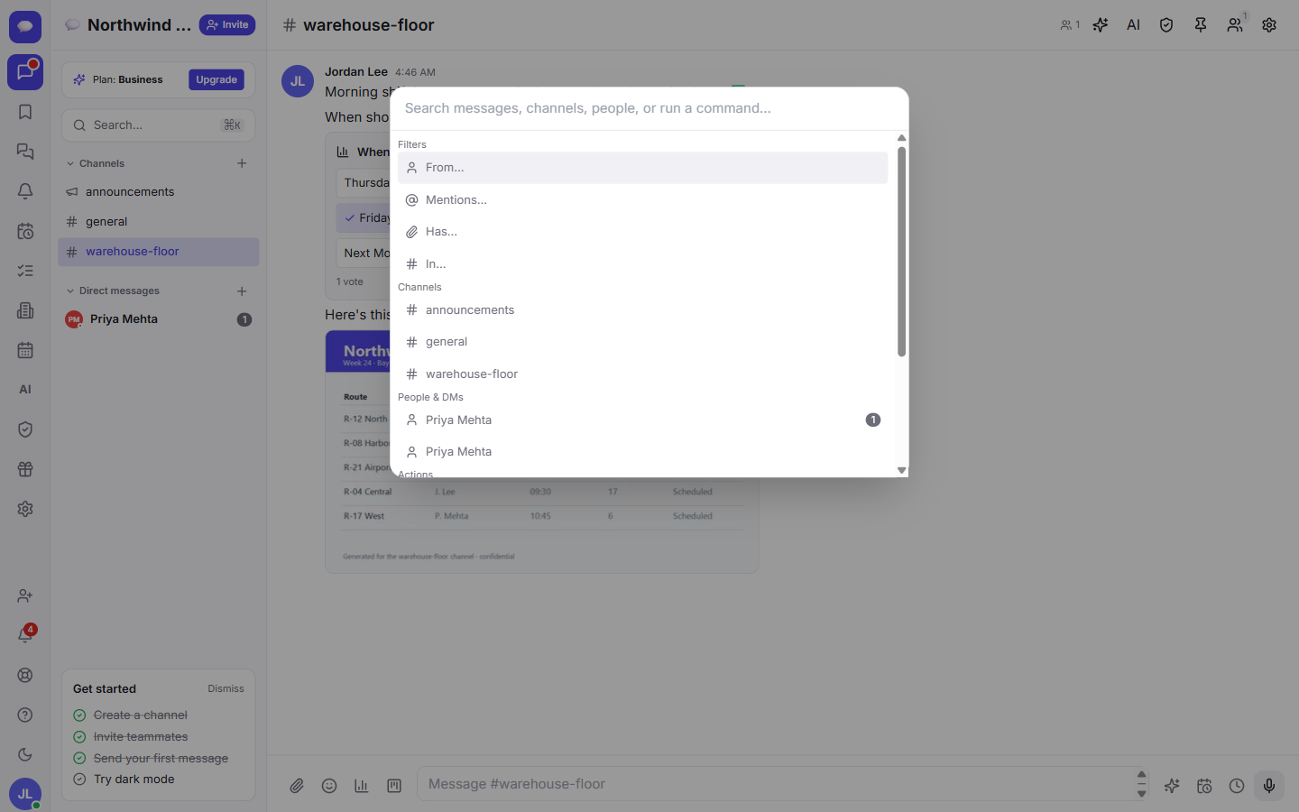 Press Cmd/Ctrl + K to open the command palette: filters, channels, people and quick actions.