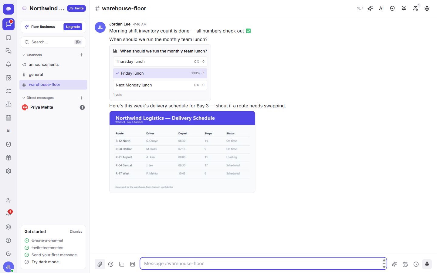 An image shared in a channel shows an inline preview; select it to open it full size.