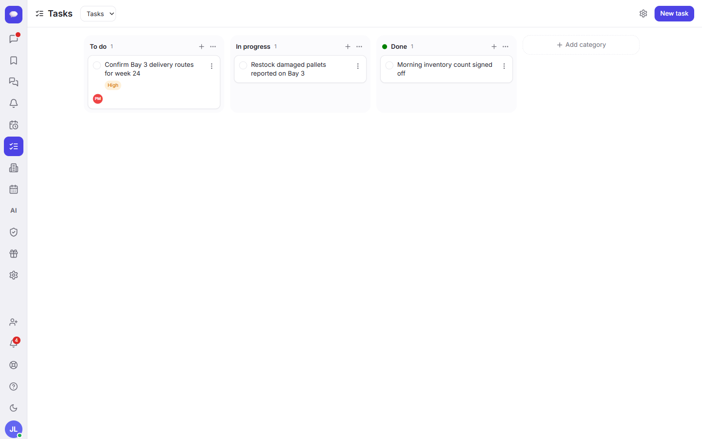 A Kanban board with To do, In progress and Done — drag cards across as work moves.